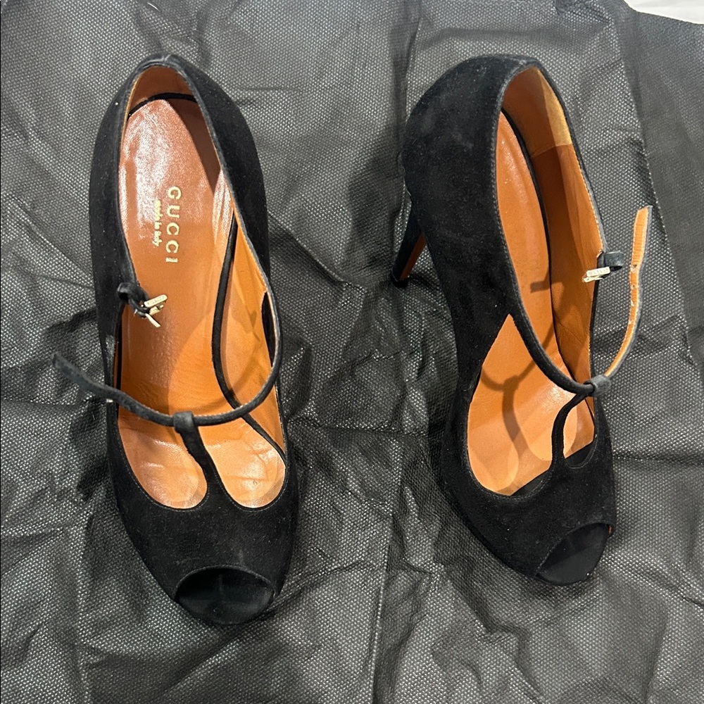 Gucci Black Suede Peep Toe Heels